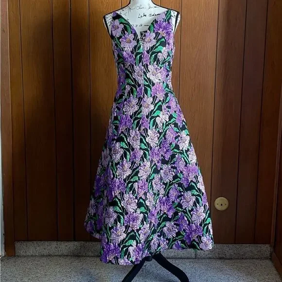 Carolina Herrera Metallic Floral Jacquard A-Line Dress size 6 - Picture 5 of 14
